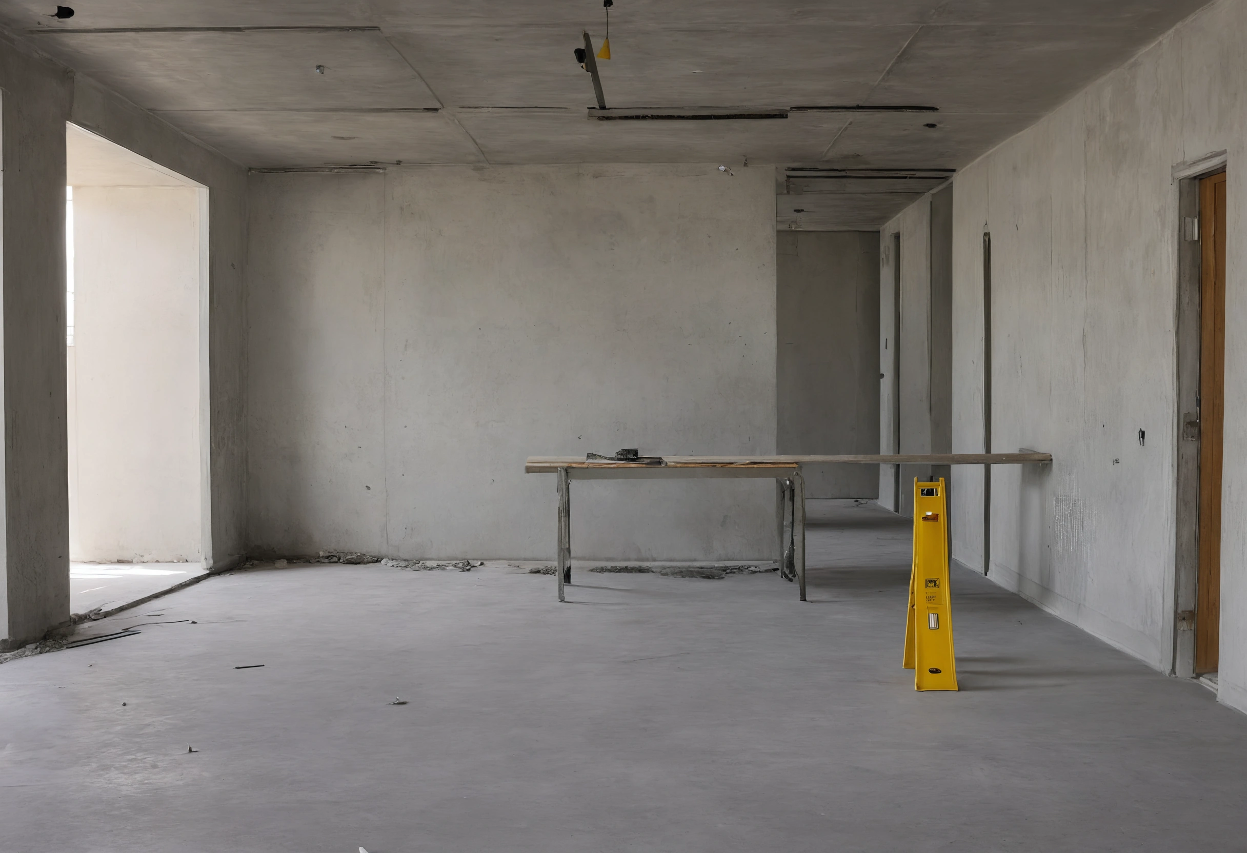 Stripped Dubai apartment with bare concrete walls, a trestle table and a yellow spirit level