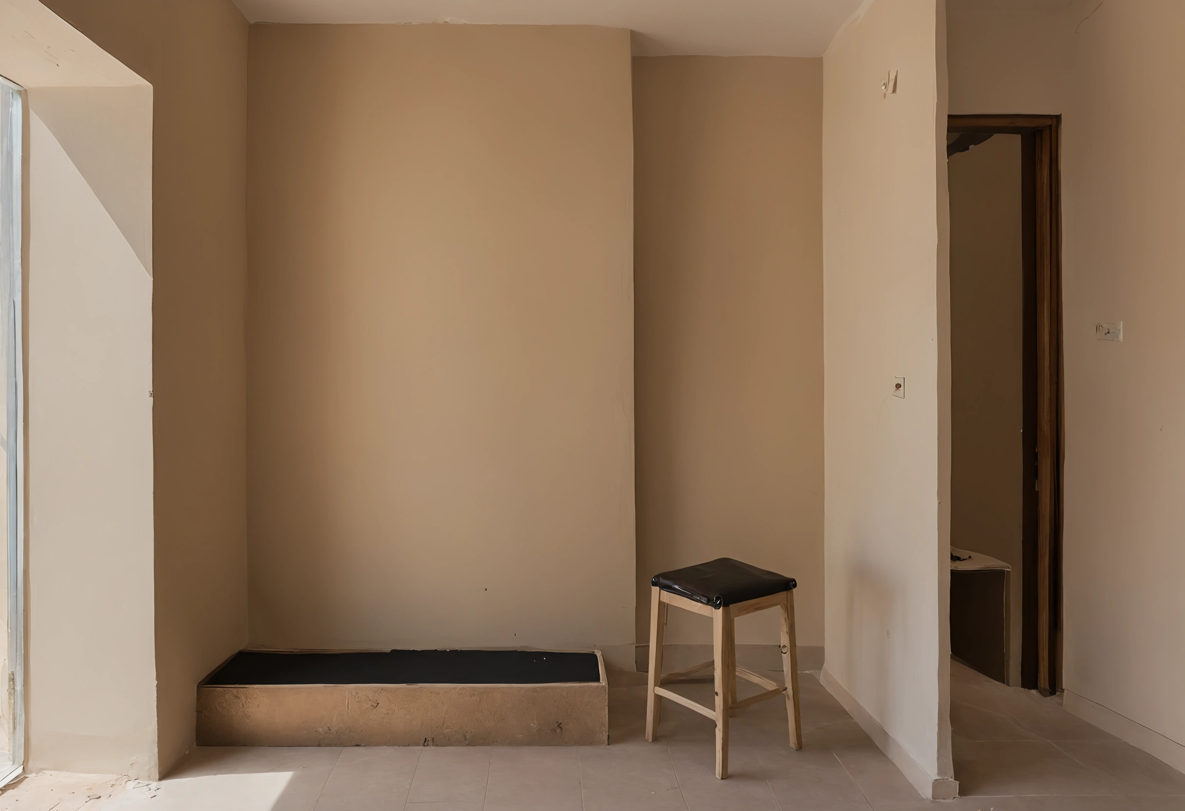Freshly plastered room with a new partition, a stool and daylight from a side window